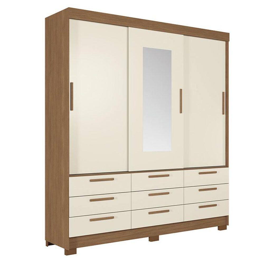 Guarda Roupa Casal 3 portas de correr 9 gavetas Morretes com espelho Jatobá Areia - Santos Andirá