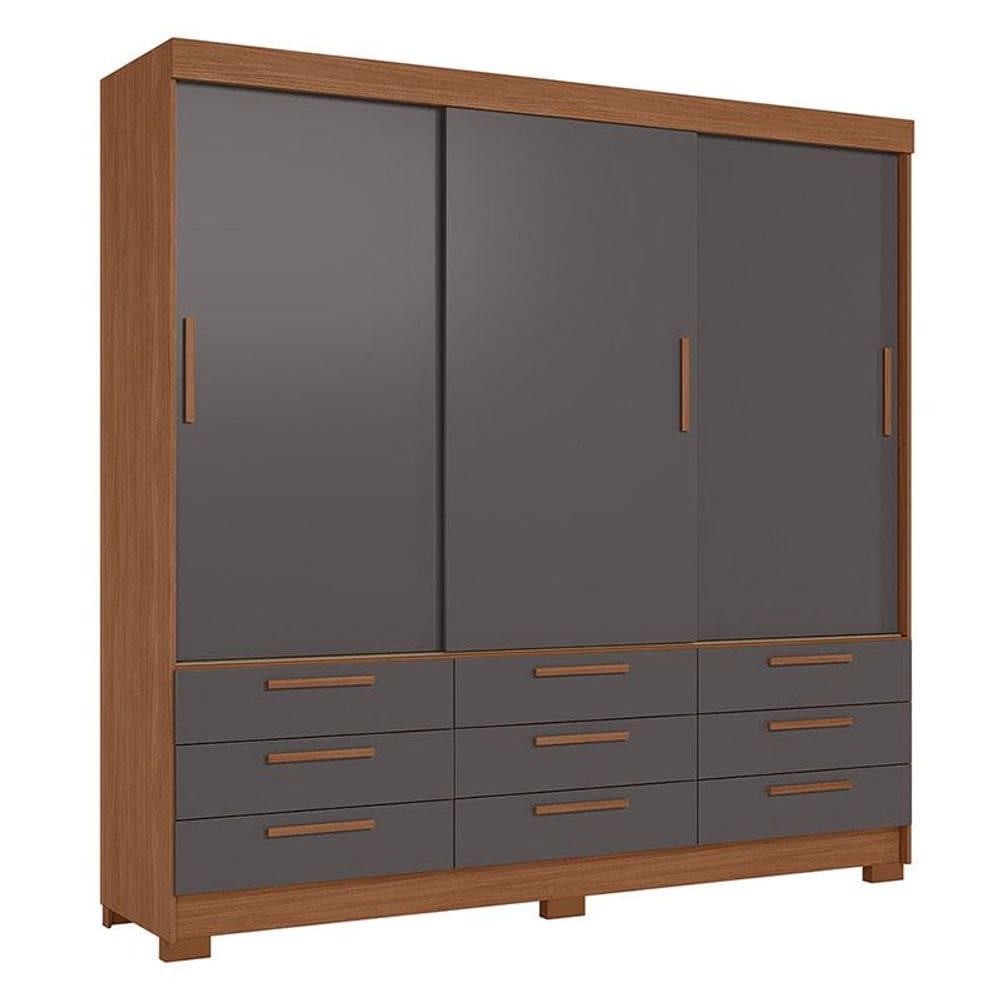 Guarda Roupa Casal 3 portas de correr 9 gavetas Morretes Jatobá Grafite - Santos Andirá