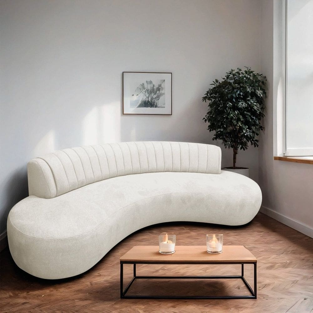 Divã Recamier Curvo Sala Estar Luxo 180cm Bouclé Celeste Branco