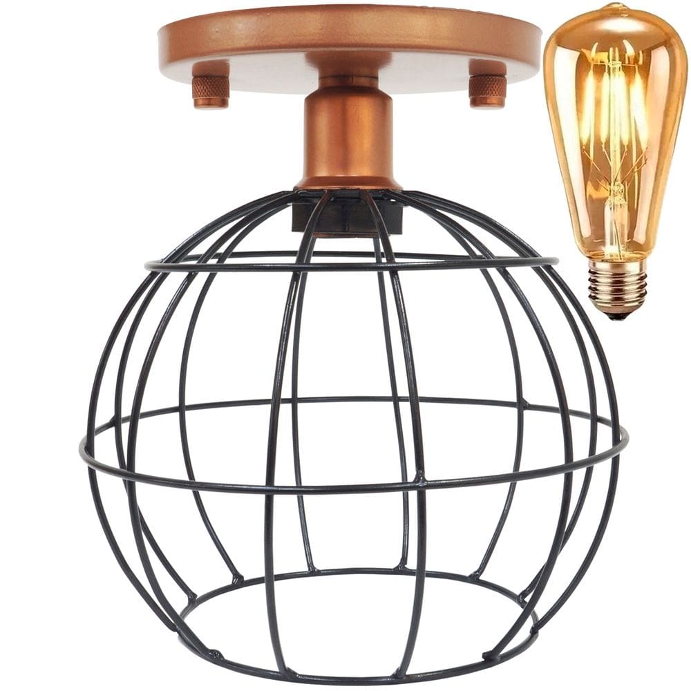 Lustre Teto Plafon + Lâmpada Led St64 Industrial Aramado Globo Preto Retrô Vintage Cobre Rose Gold