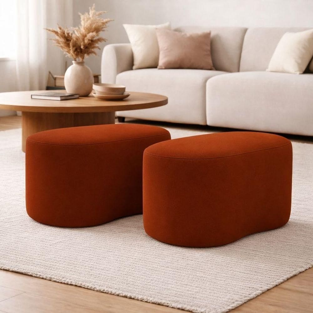 Kit 2 Puff Orgânico Curvo Feijão Sala Redondo Confortável Moderno Suede Terracota