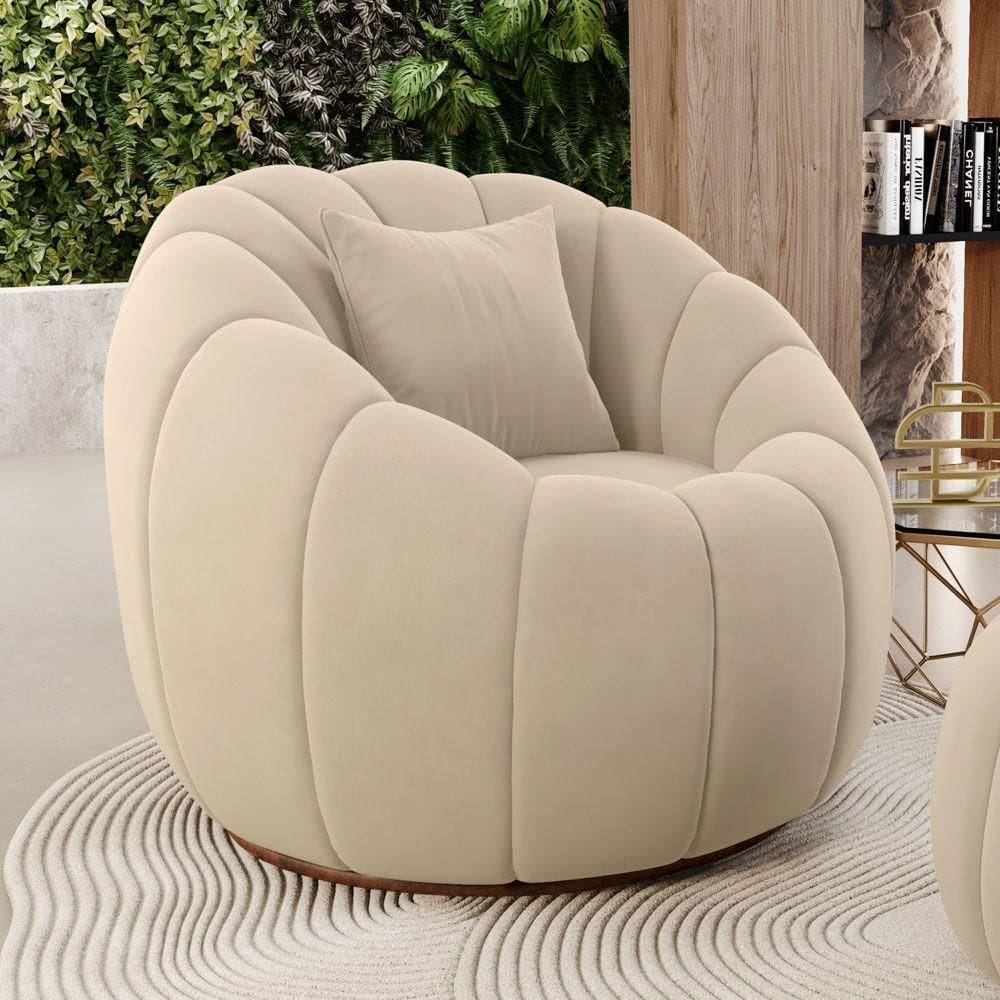 Poltrona Decorativa Estilo Concha Abóbora Shell Fixa Veludo Bege - Desk Design