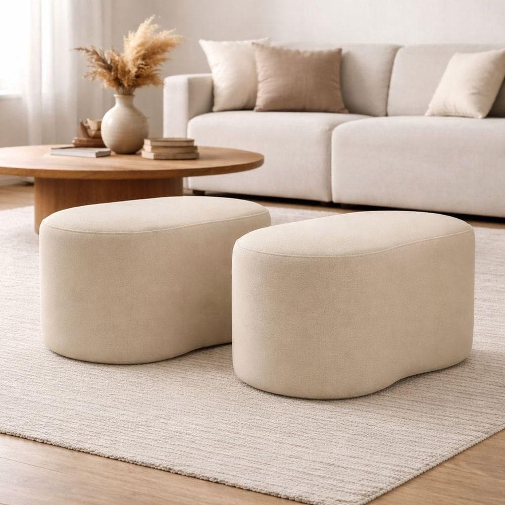 Kit 2 Puff Orgânico Curvo Feijão Sala Redondo Confortável Moderno Suede Bege