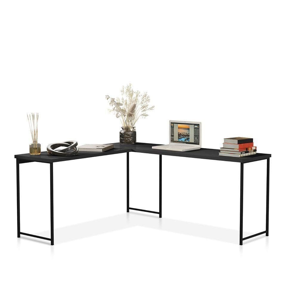 Mesa Em L Sem Prateleira Office Em Mdf Industrial Klm Store Preto-Preto