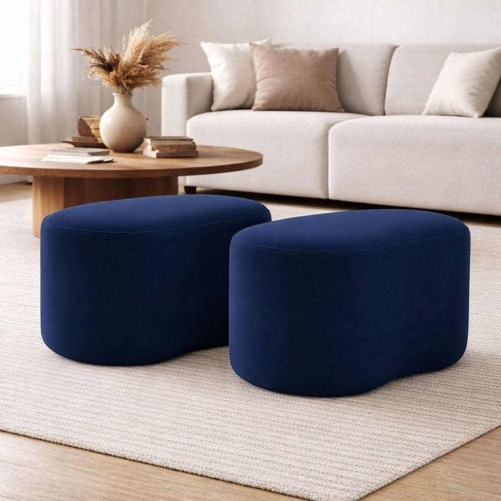Kit 2 Puff Orgânico Curvo Feijão Sala Redondo Confortável Moderno Suede Azul Marinho