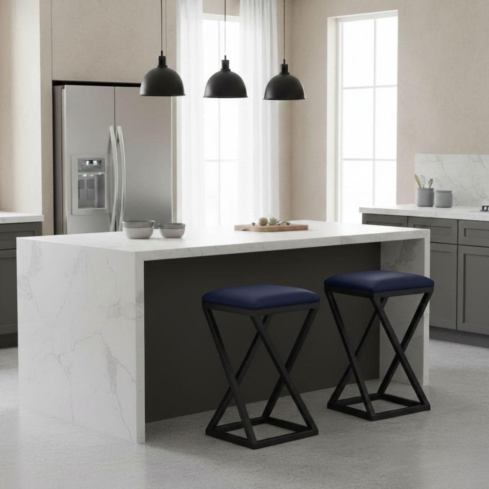 Kit 2 Banqueta Baixa Cozinha 50 Cm Balcão Bar Gourmet Corino Cor:azul Marinho