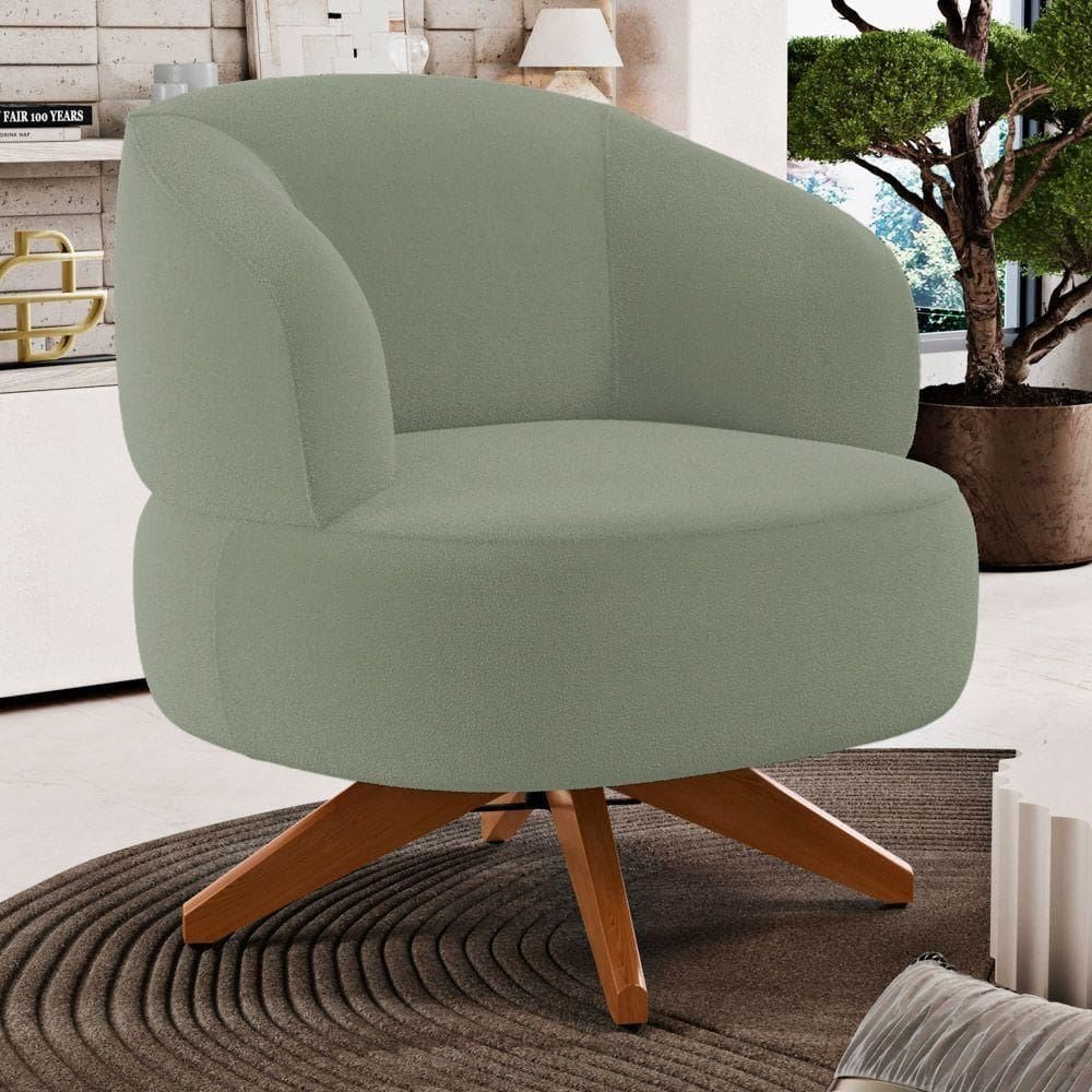 Poltrona Decorativa Orgânica Living Have Base Madeira Giratória Bouclê Verde Oliva - Desk Design