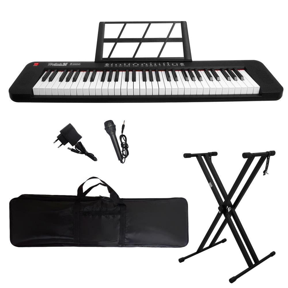 Kit Teclado Musical 61 Teclas Estudante Iniciante Rhythmic 50 + Capa e Suporte em X