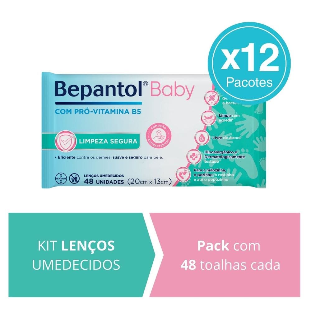 Kit 12 Lenços Umedecidos Proteção Antibac 48un cada Bepantol