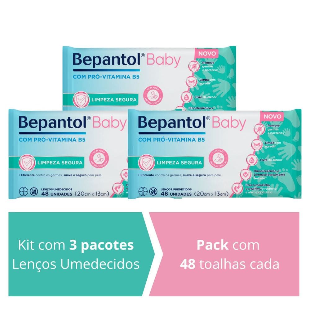 Kit 3 Lenços Umedecidos Proteção Antibac 48un cada Bepantol