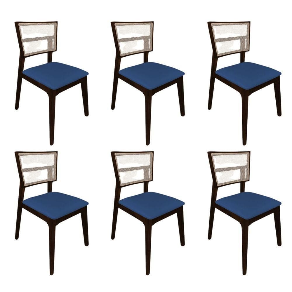 Kit 6 Cadeiras De Jantar Tela Premium Madeira Maciça Manuela Azul Veludo Castanho