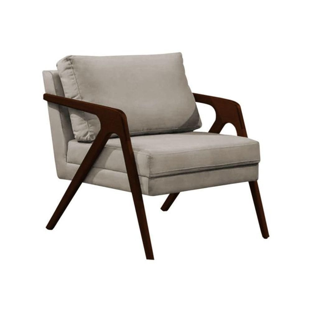 Poltrona Sala De Estar Base Madeira Maciça Monique Castanho Bege Veludo