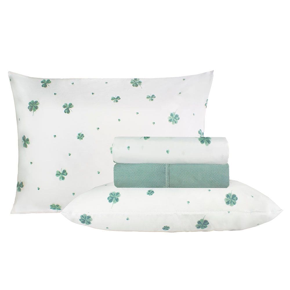 Jogo de Cama Duplo Queen 4 Peças Percal 180 Fios Trevo da Sorte Sonhare Prata