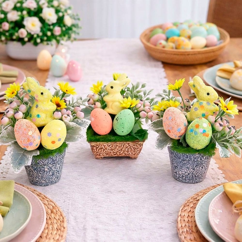 Enfeite Arranjo Coelho Páscoa Centro Aparador Mesa Kit 3pçs