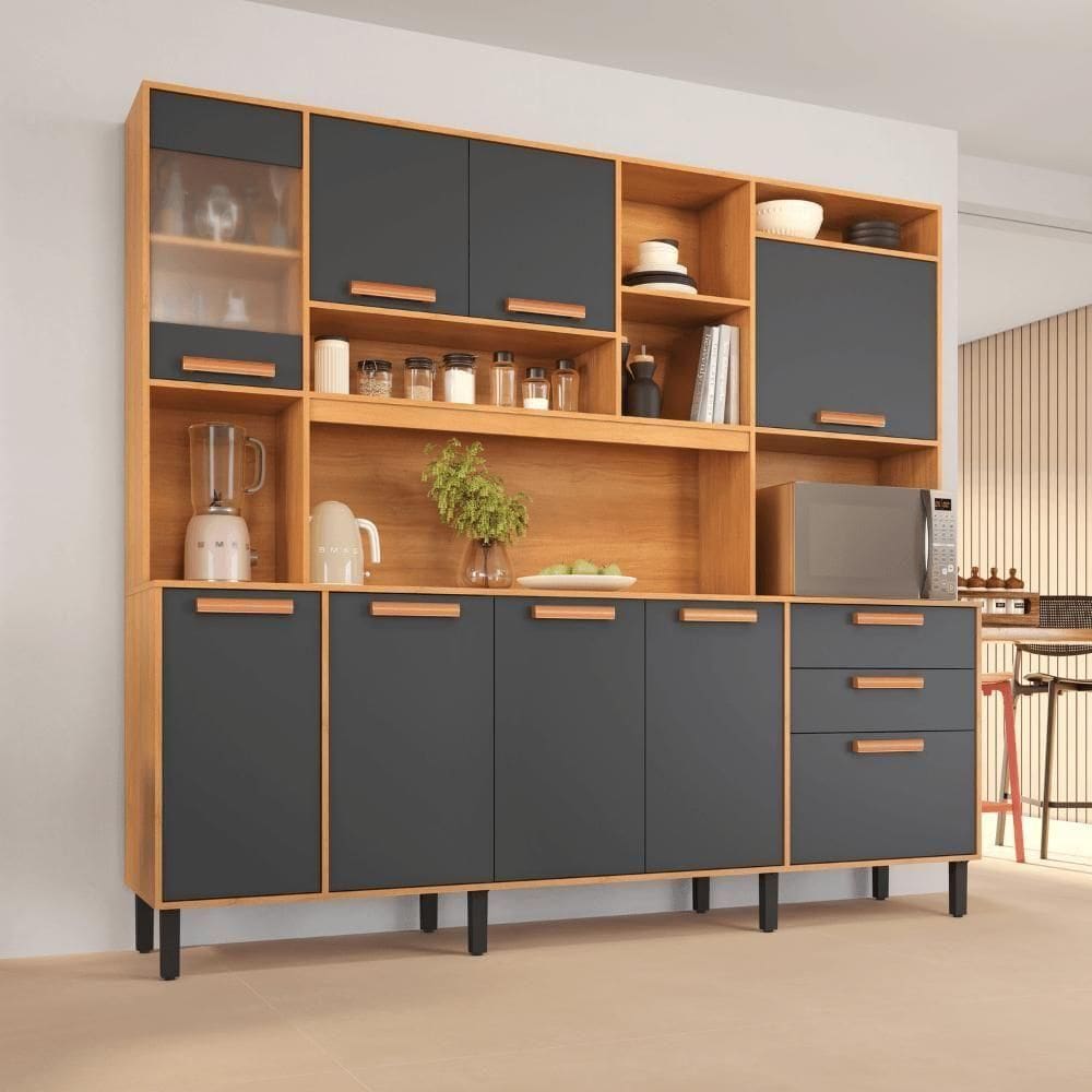 Kit Cozinha Compacta Itatiaia Nápoles 220cm Em Madeira Cinamomo-grafite