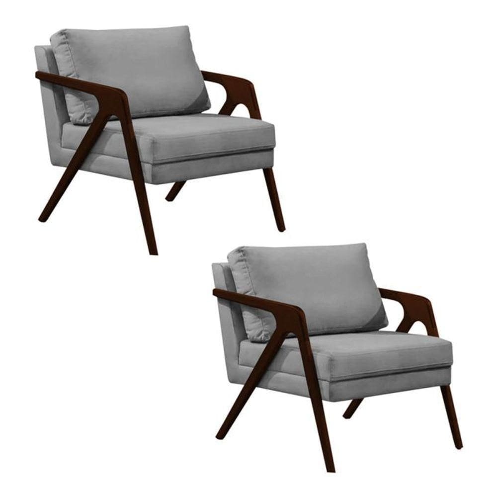 Conjunto 2 Poltronas Sala De Estar Monique Madeira Castanho Cinza Veludo
