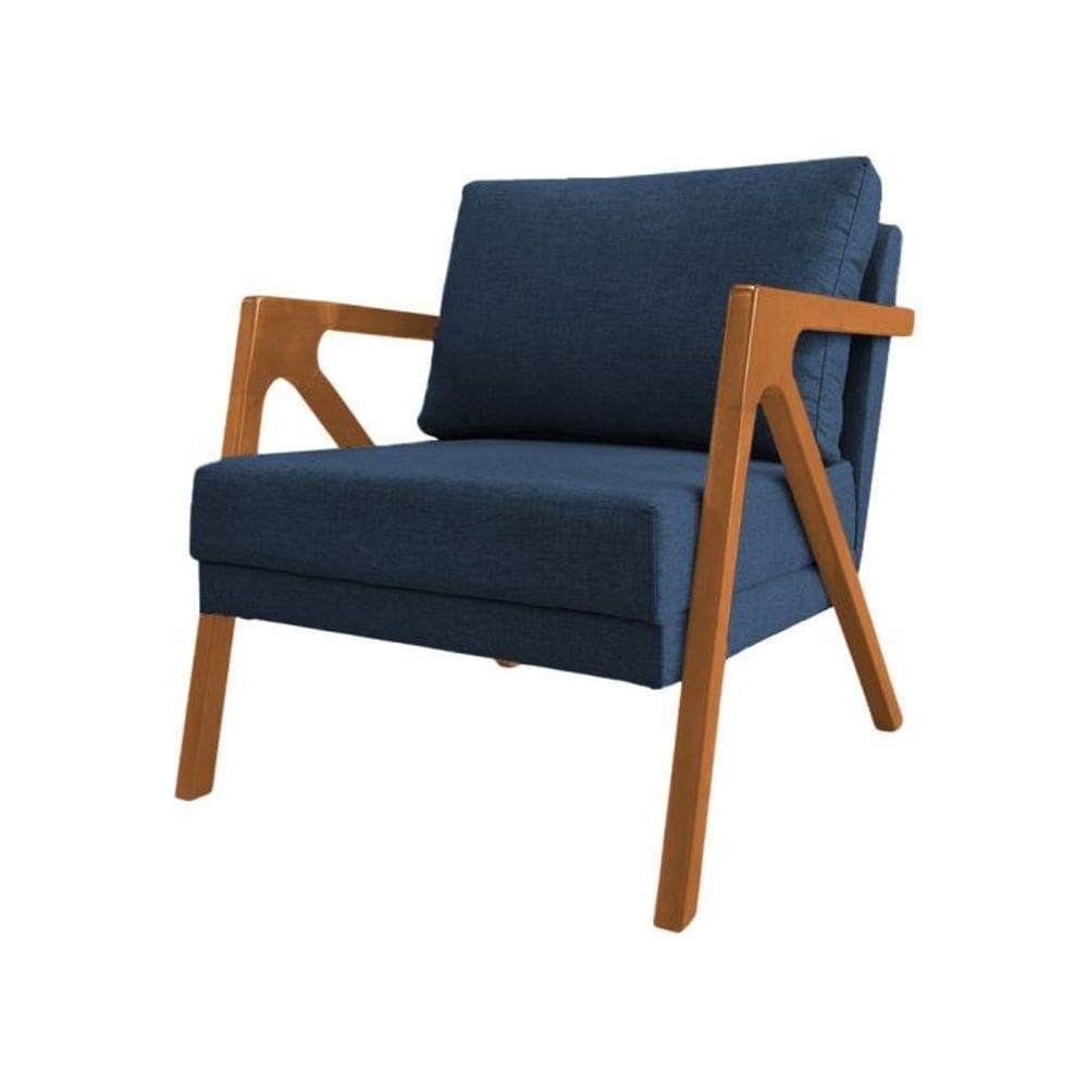 Poltrona Sala De Estar Base Madeira Maciça Monique Cerejeira Azul Linho