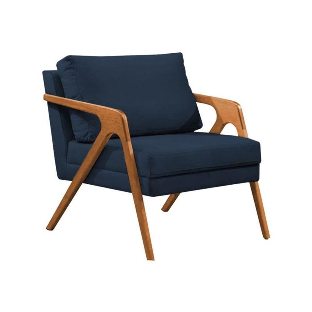 Poltrona Sala De Estar Base Madeira Maciça Monique Cerejeira Azul Veludo