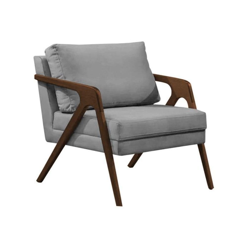 Poltrona Sala De Estar Base Madeira Maciça Monique Cinza Veludo