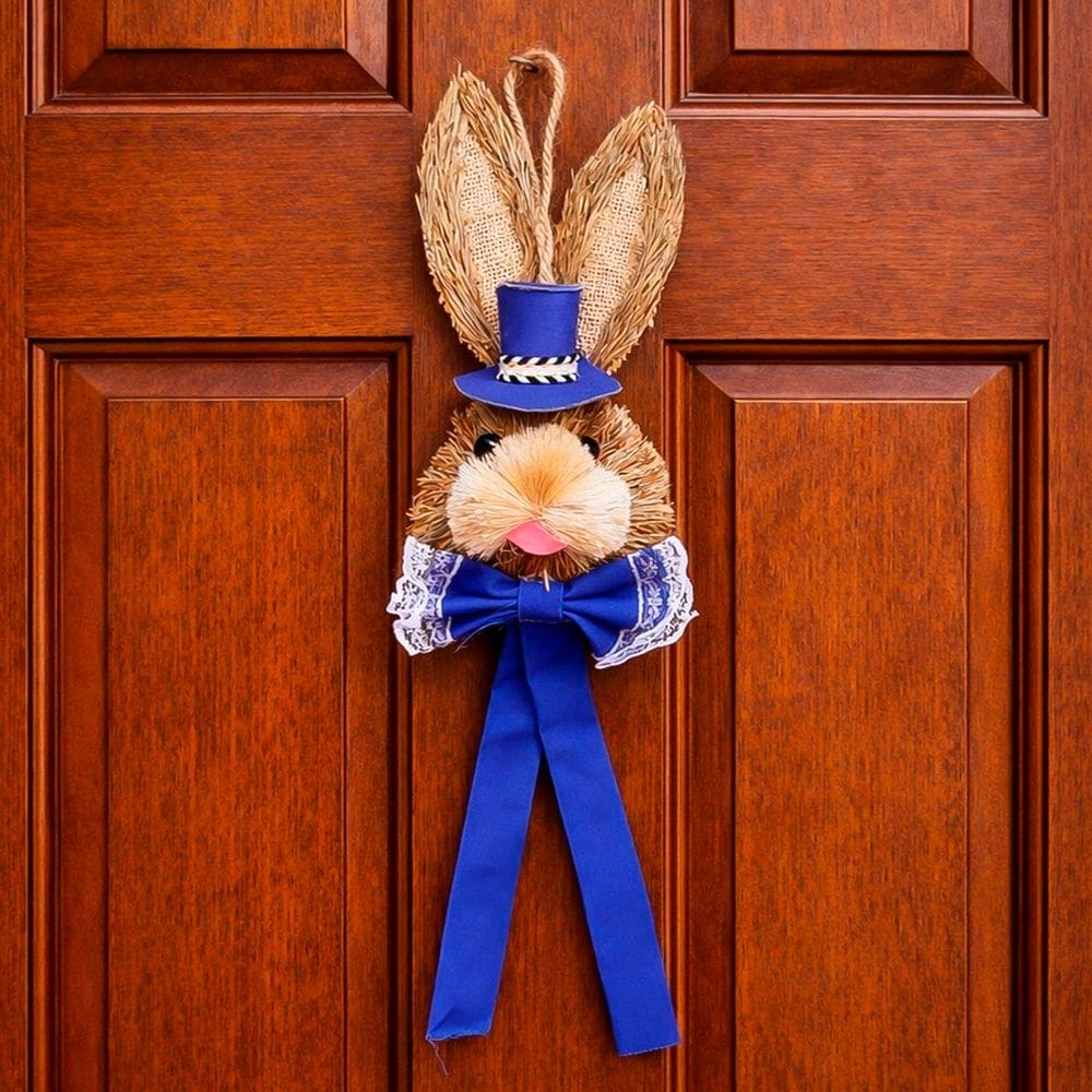 Pendente Cabeça Coelho Com Laço Decoração Páscoa Palha 40cm