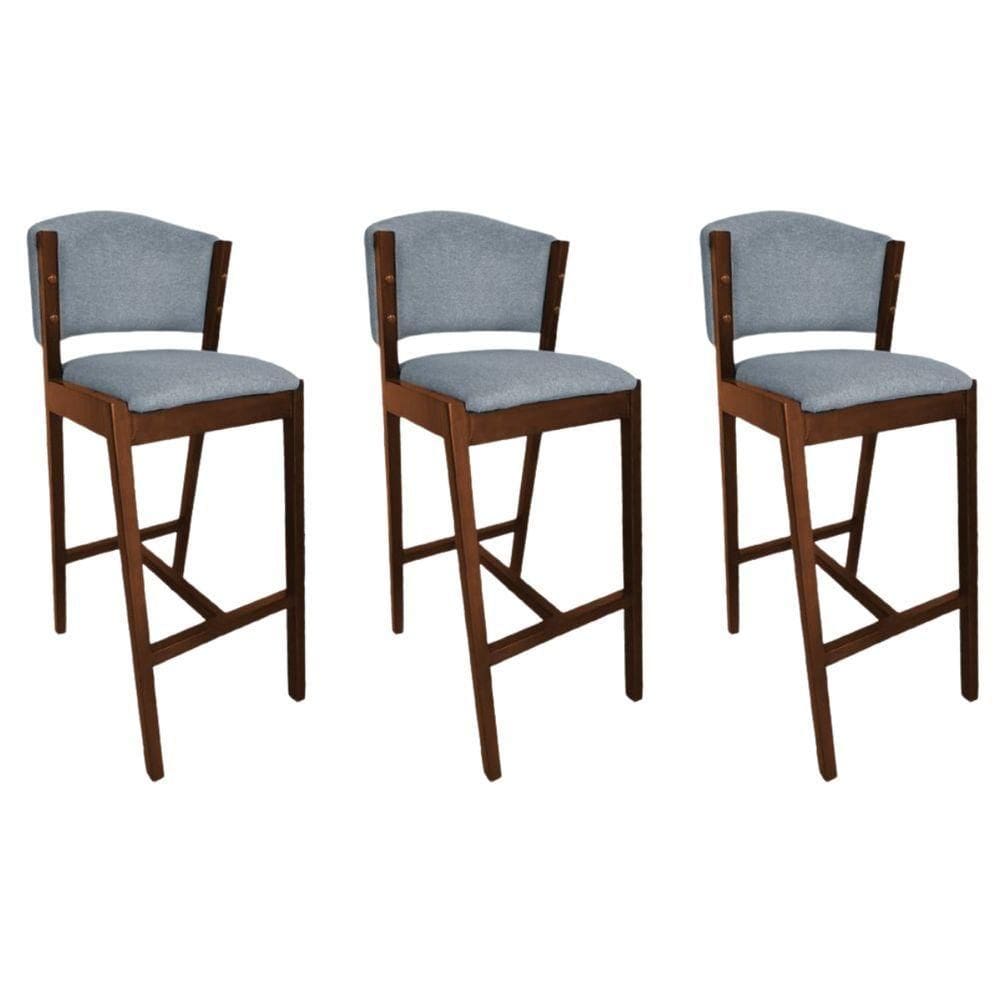 Kit 3 Banquetas Altas De Madeira Maciça Ana Em Linho Premium Cinza Linho