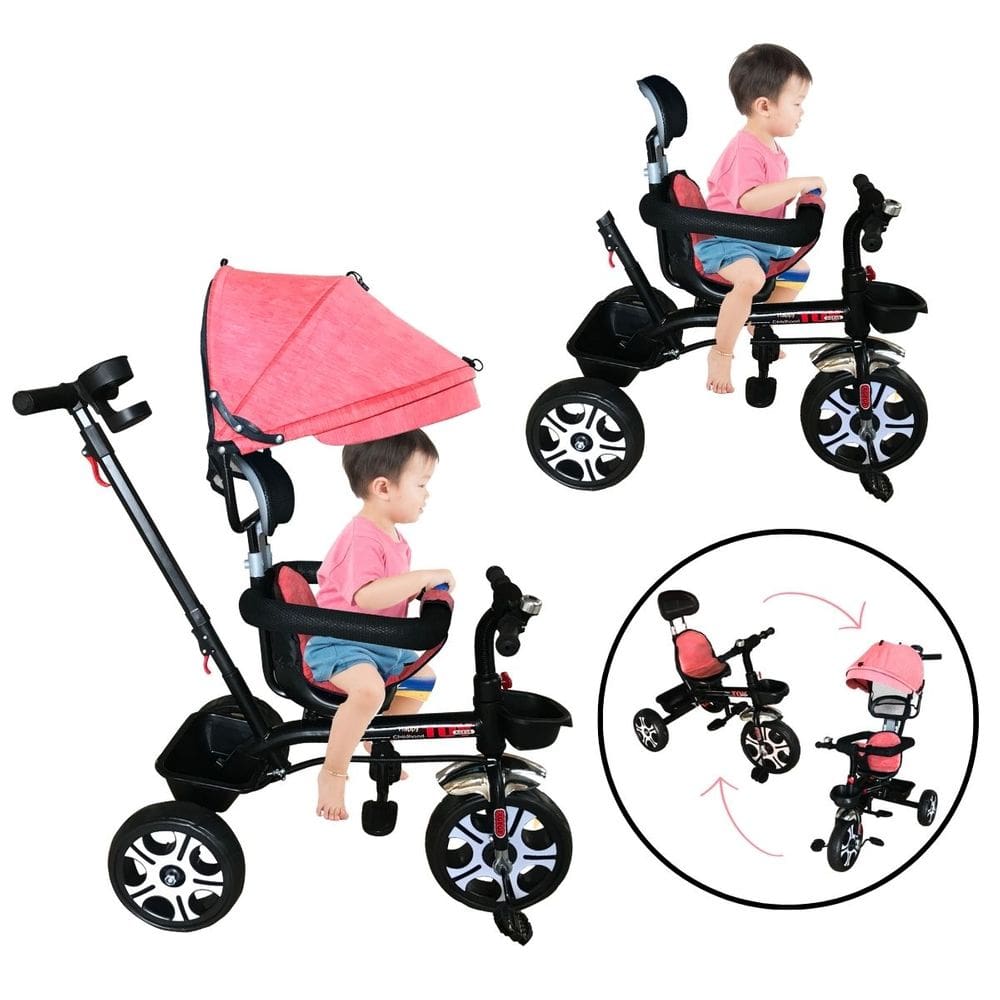 Triciclo Motoca Bicicleta 3 Rodas Infantil Passeio com Empurrador Pedal Capota Rosa Brinqway Bw302Rs