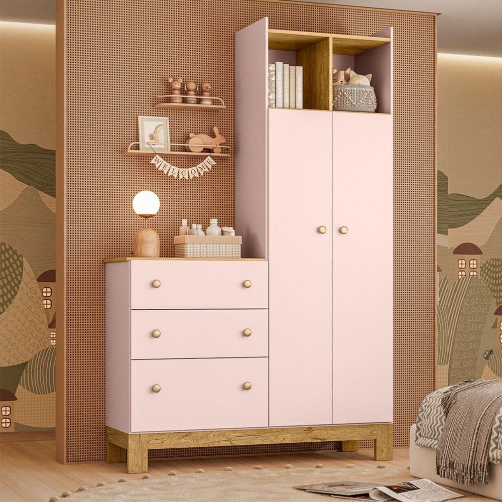 Guarda-Roupa Infantil Flora 2 Portas 3 Gavetas Rosa Acetinado - Qmovi