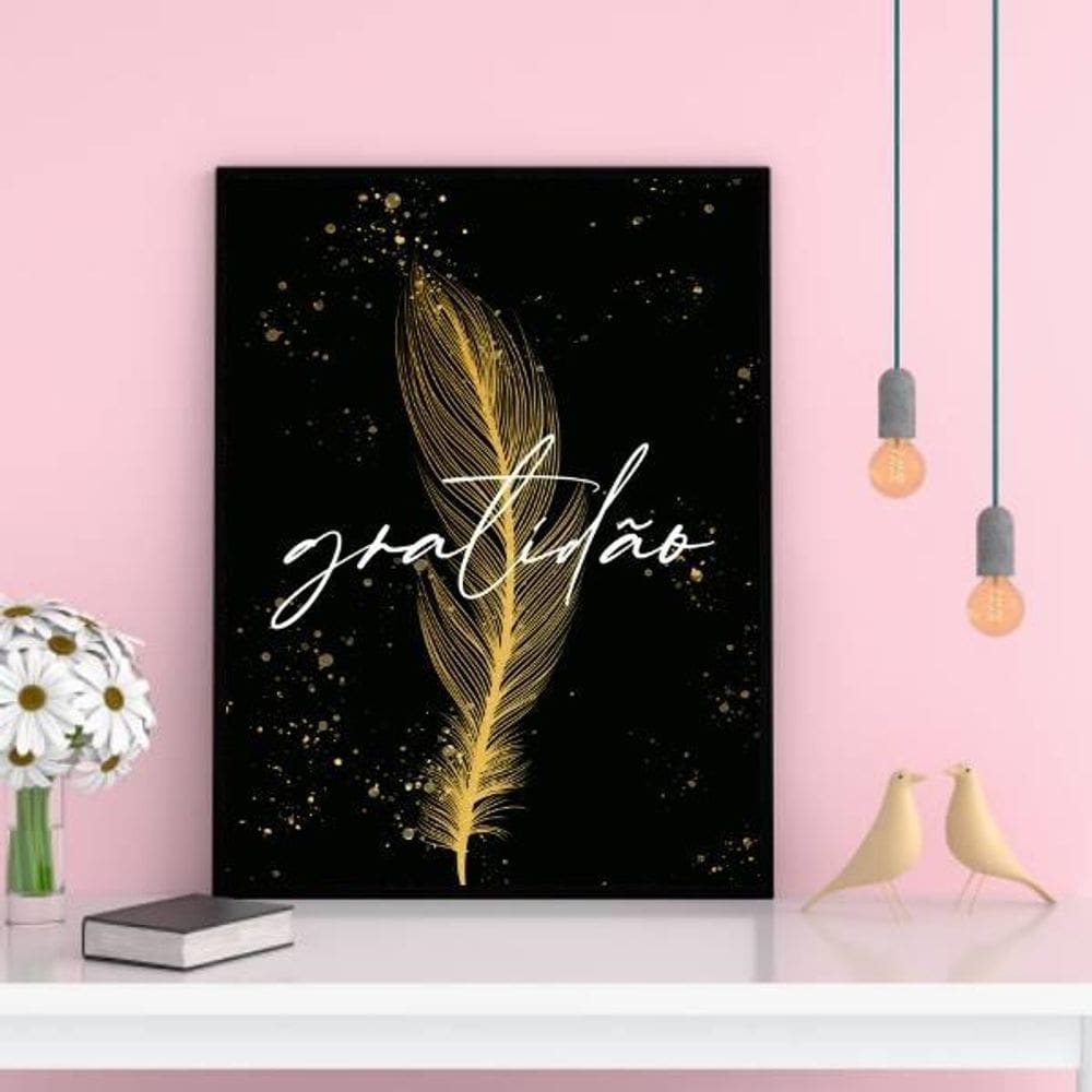 Quadro Pena Dourada Gratidão 33X24Cm - Madeira Preta