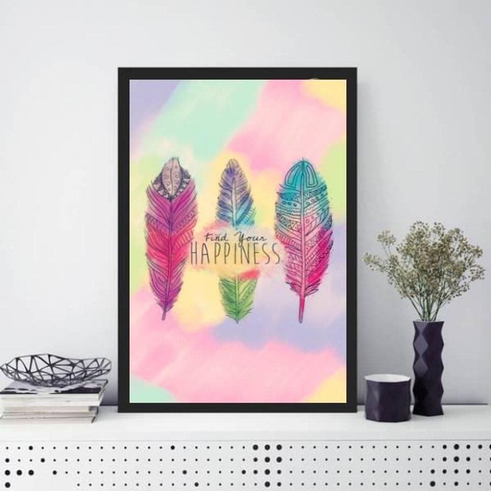 Quadro Penas Find Your Hapiness 24X18Cm Moldura Preta