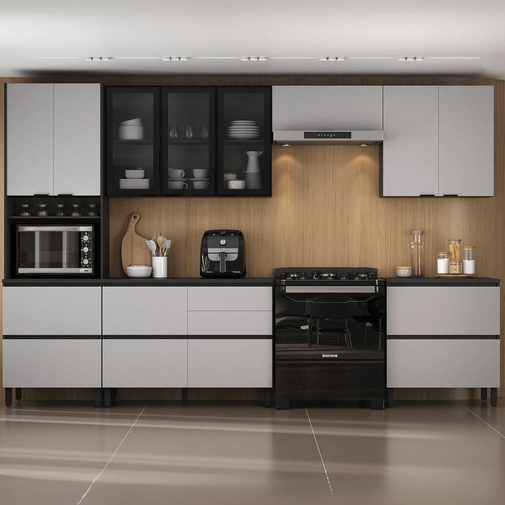 Cozinha Completa Itatiaia Lumina 350cm Em Madeira MDF Grafite-fendi