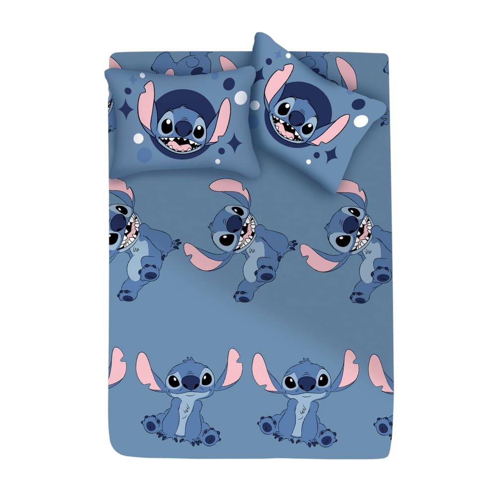 Jogo de Cama Infantil Lilo & Stitch Disney Casal 3 Peças Lençol com Elástico e Fronhas