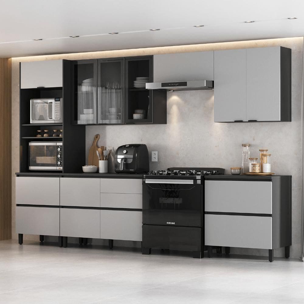 Cozinha Completa Itatiaia Lumina 350cm Em Madeira MDF Grafite-fendi