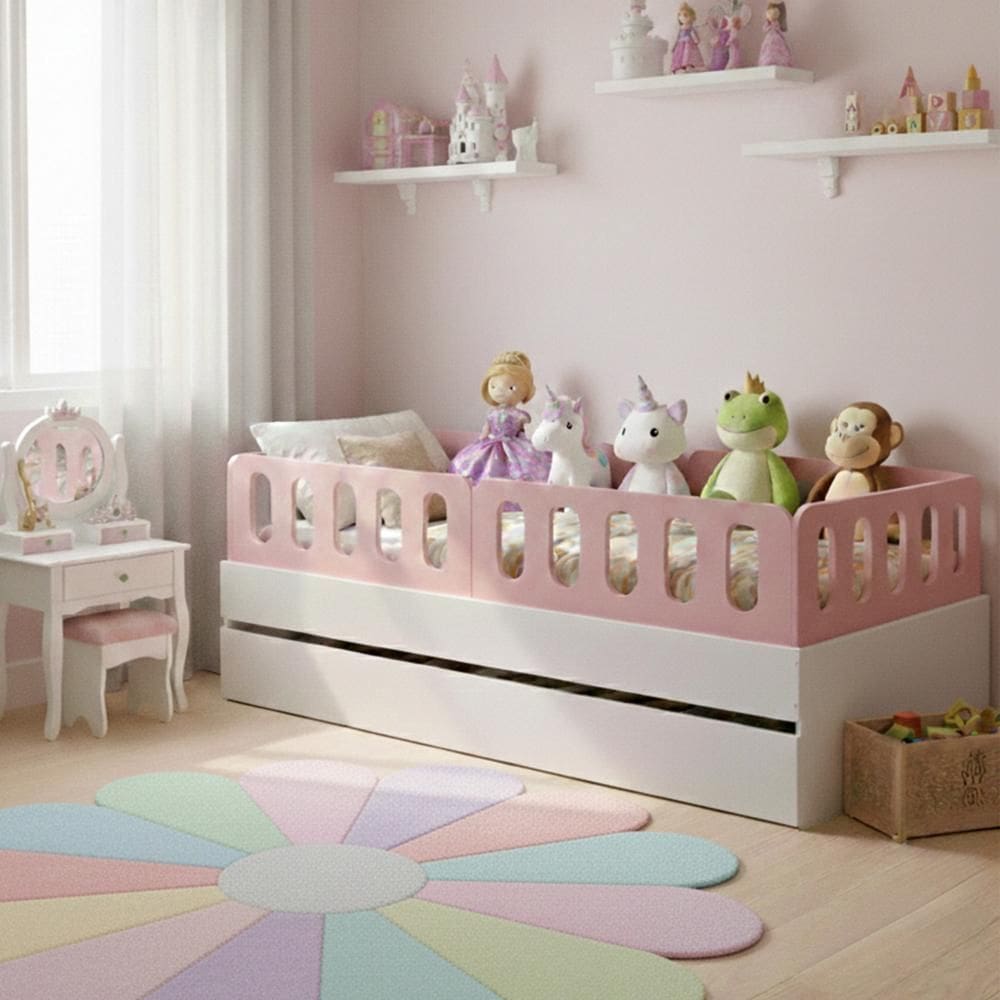 Bicama Solteiro Mdf Rosa com 04 Grades e Cabeceira Anatômica Mobilistore