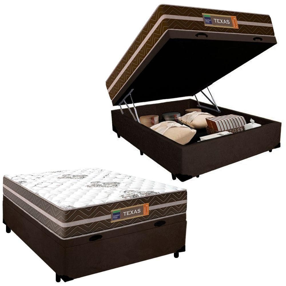 Cama Box Baú Casal Suede + Colchão Molas Ensacadas Texas Colchões 138x188x63cm Marrom
