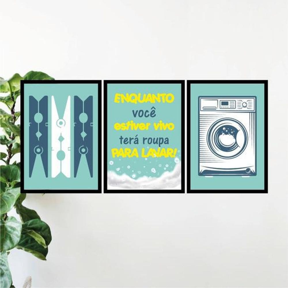 Kit 3 Quadros Lavanderia Azul Turquesa 33X24Cm