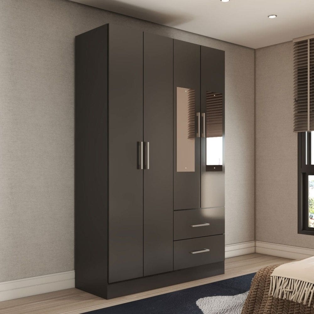 Guarda-Roupa Solteiro Vittorio 4 Portas 2 Gavetas com Espelho Preto - Panorama Móveis