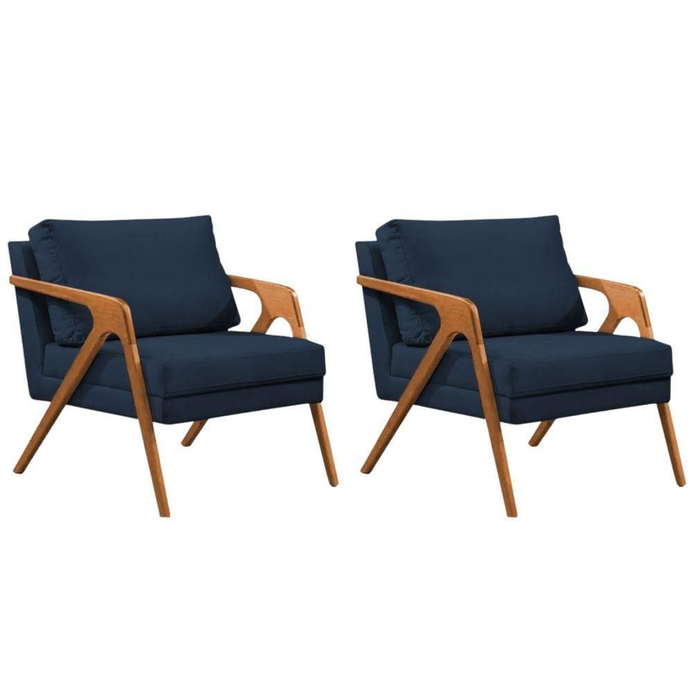 Conjunto 2 Poltronas Sala De Estar Monique Madeira Cerejeira Azul Veludo