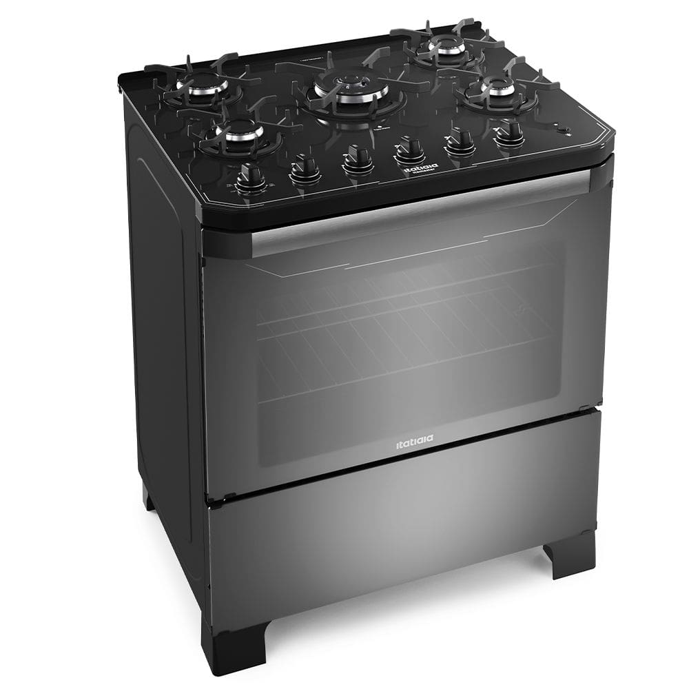 Fogão 5 Bocas a Gás Itatiaia Itamaster com Mesa de Vidro e Queimador Tripla Chama Preto/Reflecta Bivolt