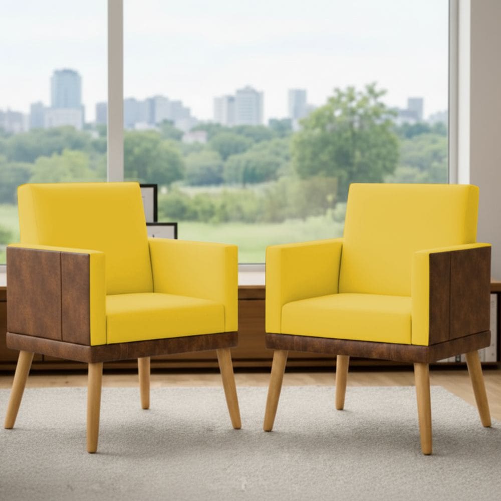 Kit 2 Poltronas Decorativa Para Sala Recepção Escritório Consultório Lis Corino Peroba e Suede