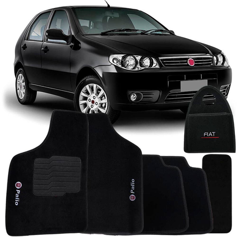 Jogo Tapete Automotivo Carpete + Lixeira Palio Fire G3 2012 à 2016 Soft Logo Bordado Preto 6 Peças