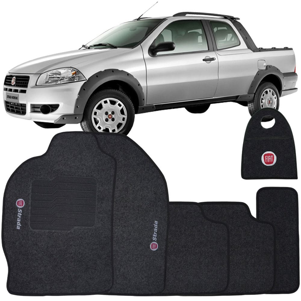 Jogo Tapete Carpete + Lixeira Fiat Strada Cab. Dupla 2007 à 2012 Soft Logo Bordado Grafite 6 Peças