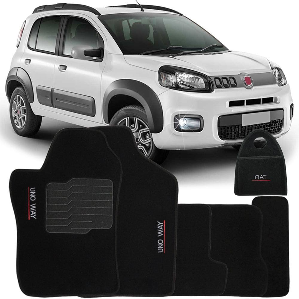 Jogo Tapete Automotivo Carpete + Lixeira Fiat Uno Way 2011 à 2018 Soft Logo Bordado Preto 6 Peças
