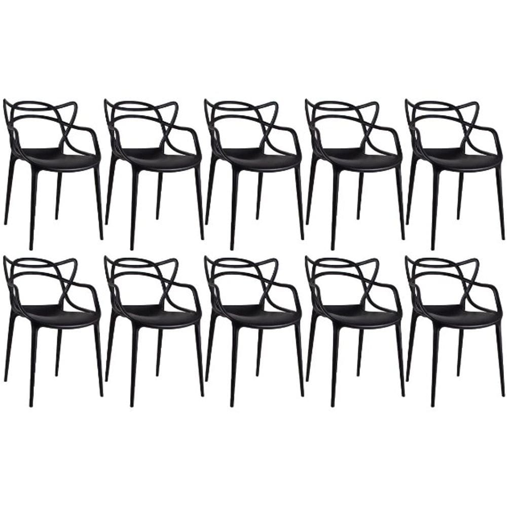 Kit 10 Cadeiras Reforçadas Empilhavel Masters Allegra Jardim Churrasqueira Sala Cozinha Jantar - Preto