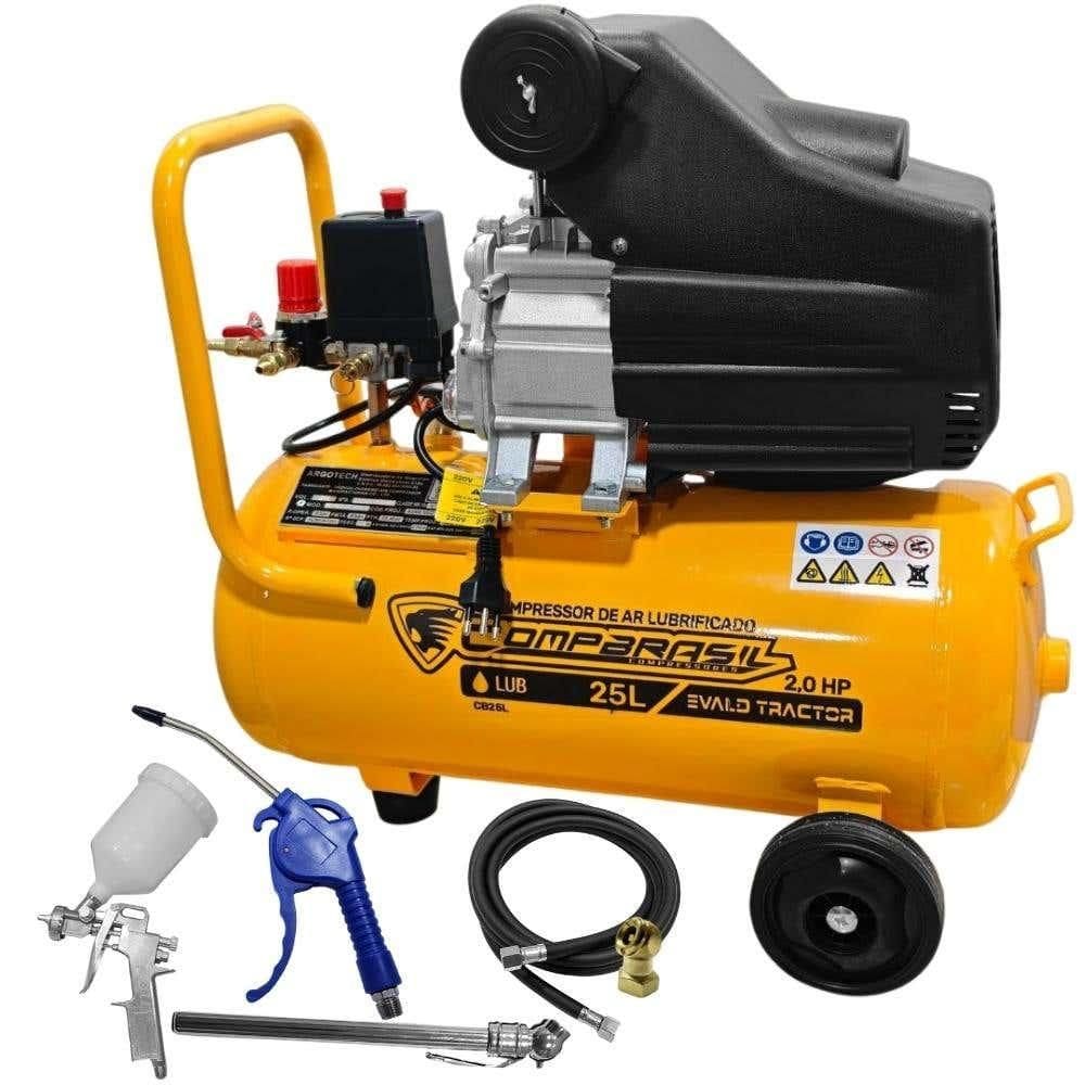 Compressor Portátil Lub 8,6Pés 2HP 25 Litros com Kit Multiuso 5 Pçs EVALD TRACTOR COMBRASIL