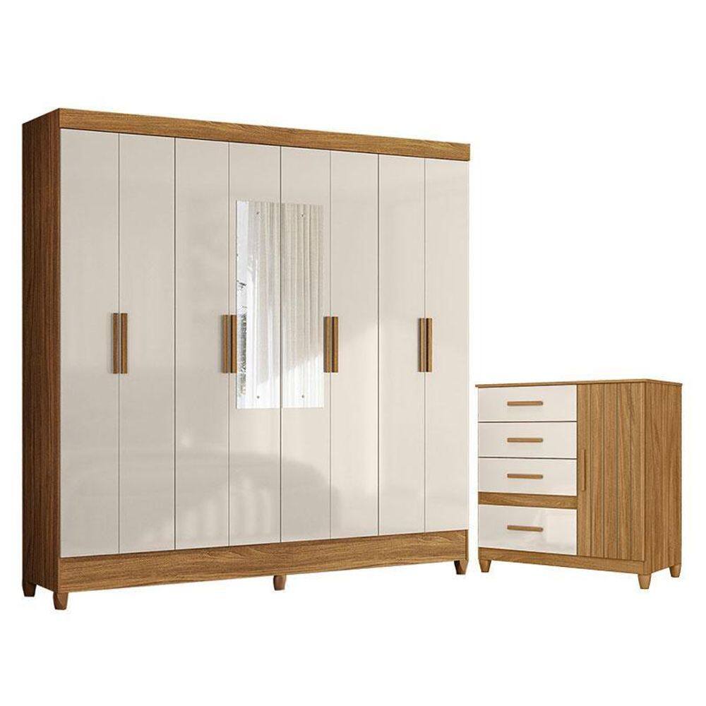 Guarda Roupa Casal Marajó com Espelho e Cômoda Vênus com pés Freijó Off White – Moval