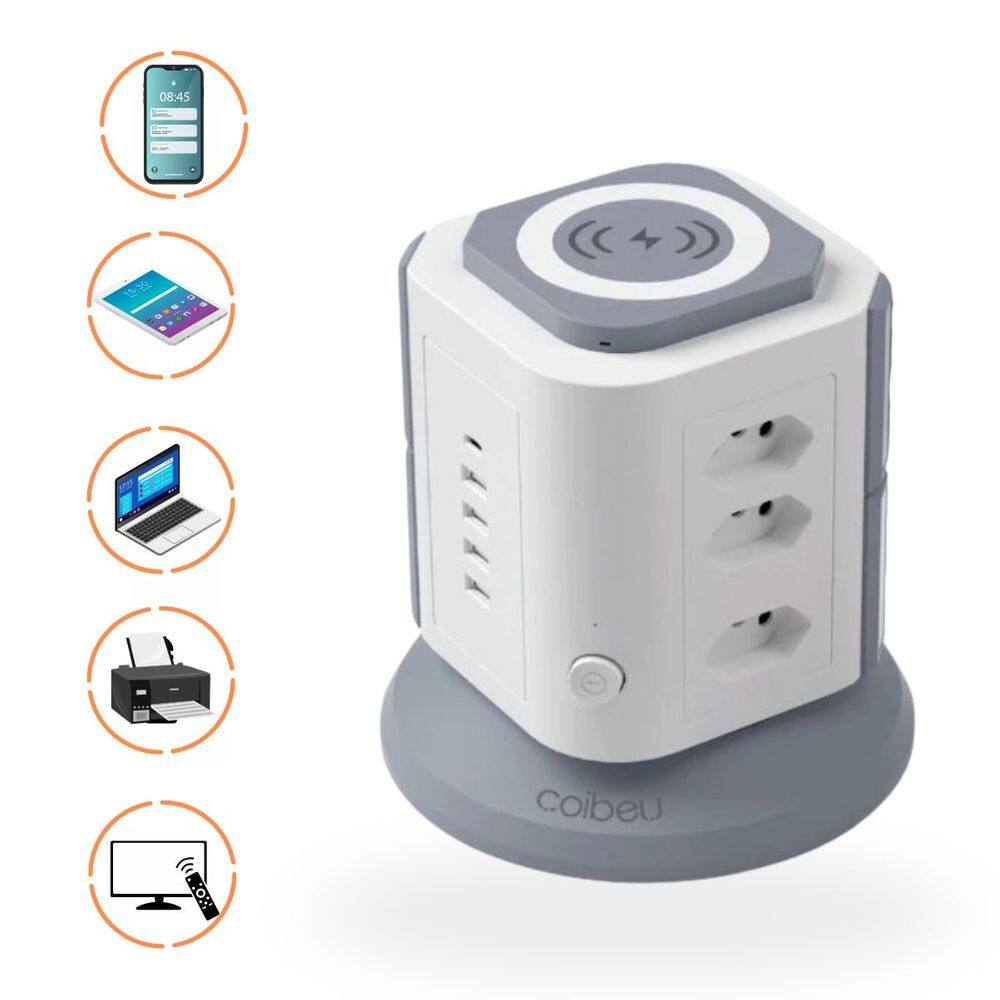 Filtro de Linha Carregamento por Indução 9 Tomadas 4 USB-A 1 USB-C Retardante à Chamas Proteção Contra Sobrecarga