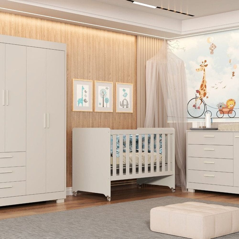 Quarto para Bebê Completo com Berço Evolution 4 em 1 Zaki Areia Fosco