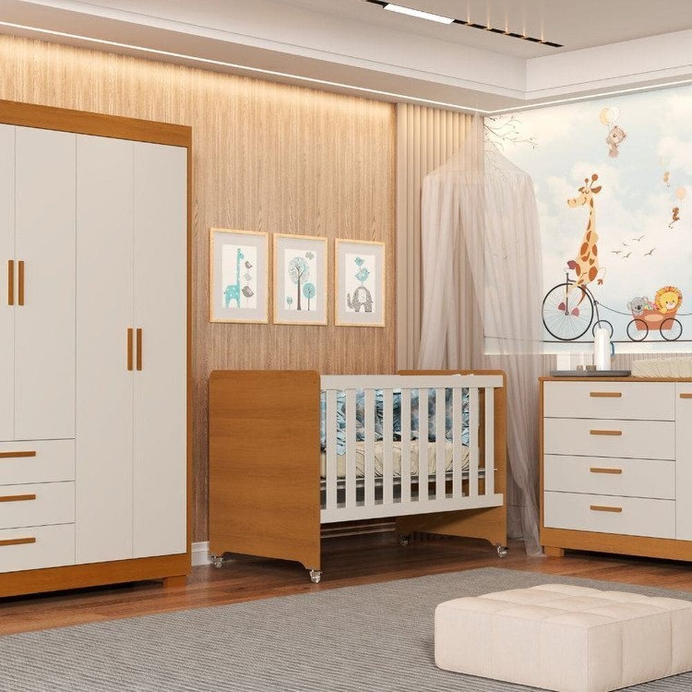 Quarto para Bebê Completo com Berço Evolution 4 em 1 Zaki Areia Fosco/ Savana