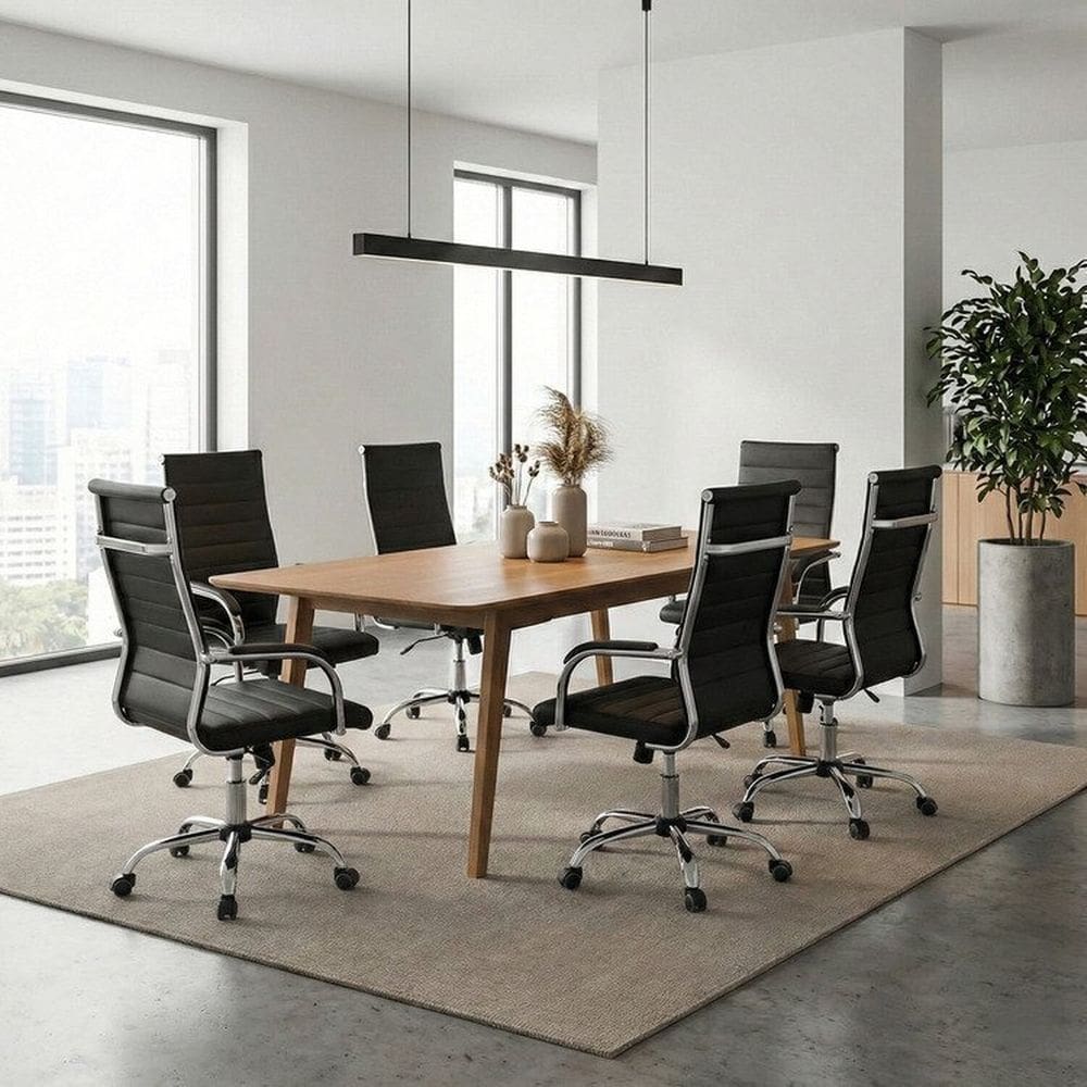 Conjunto Mesa de Reunião Retangular e 6 Cadeiras de Escritório com Rodízio Florença Espresso Móveis Cinamomo / Preto