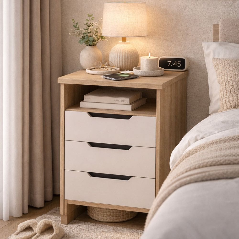 Mesa de Cabeceira 3 Gavetas 100% Mdf Barcelona Off White/Carvalho